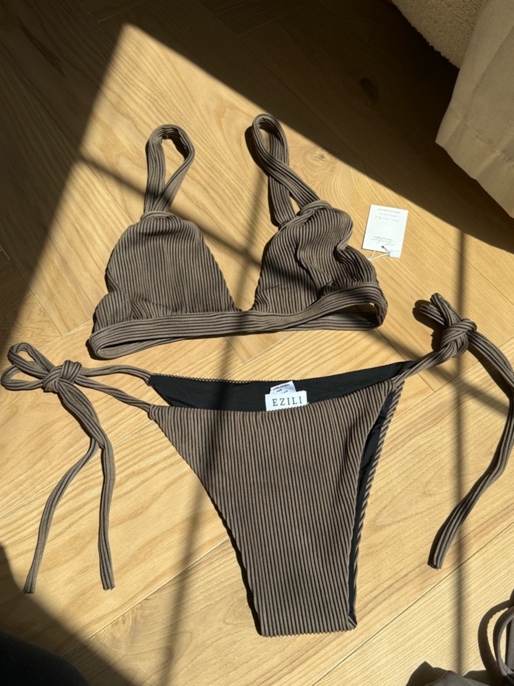 Brown Ribbed Tie-Side Bikini Set